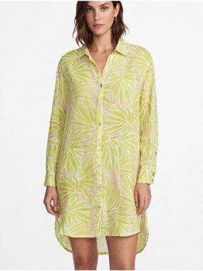 Sigrid Olsen Women's L Linen Blend Button Down Shirt Dress Green Beach Resort